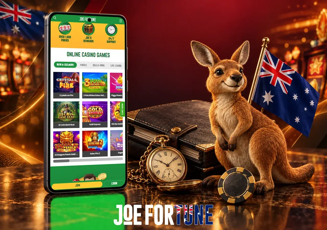 Mobile casino lobby beside a kangaroo and Australian flag