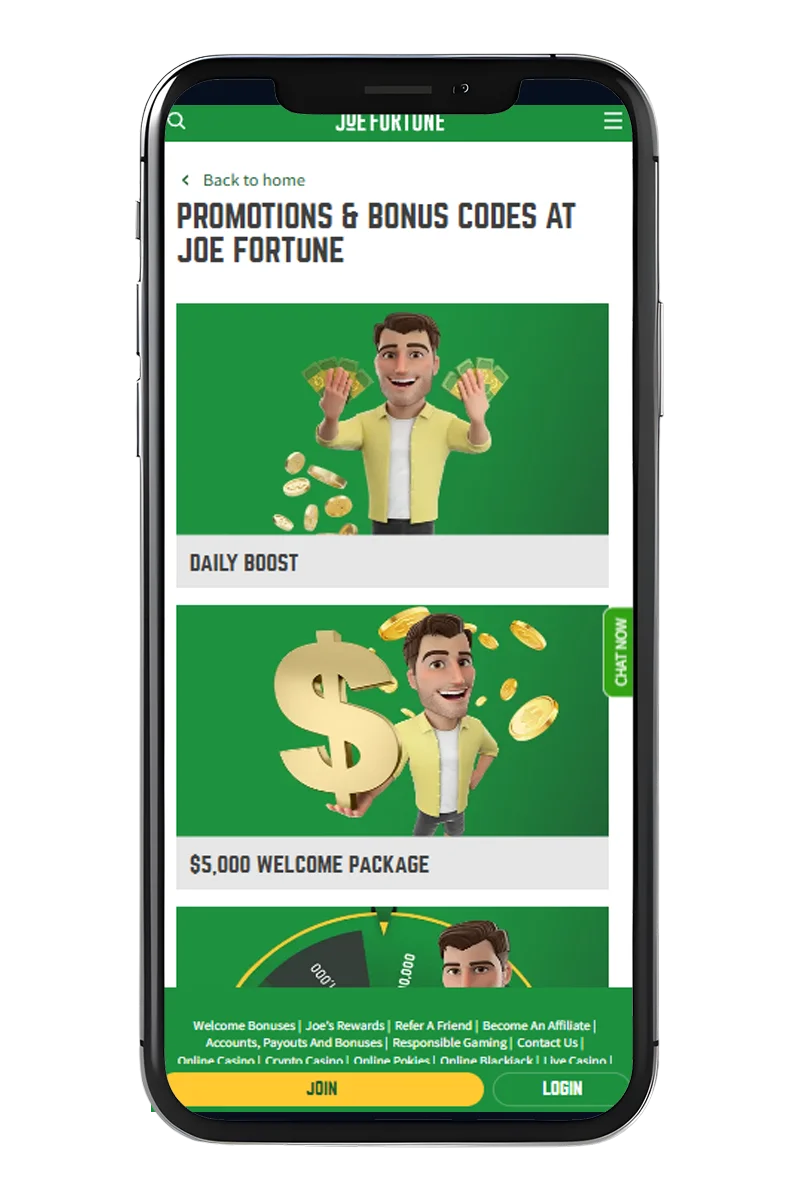 Mobile phone screenshot showing bonuses and promotions