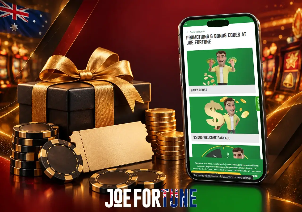Joe Fortune bonus codes beside a gift box, casino chips and coins